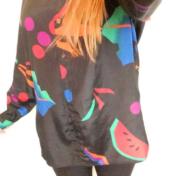 Bright oversized button down shirt vintage silky blouse abstract print dress top - Picture 5 of 8